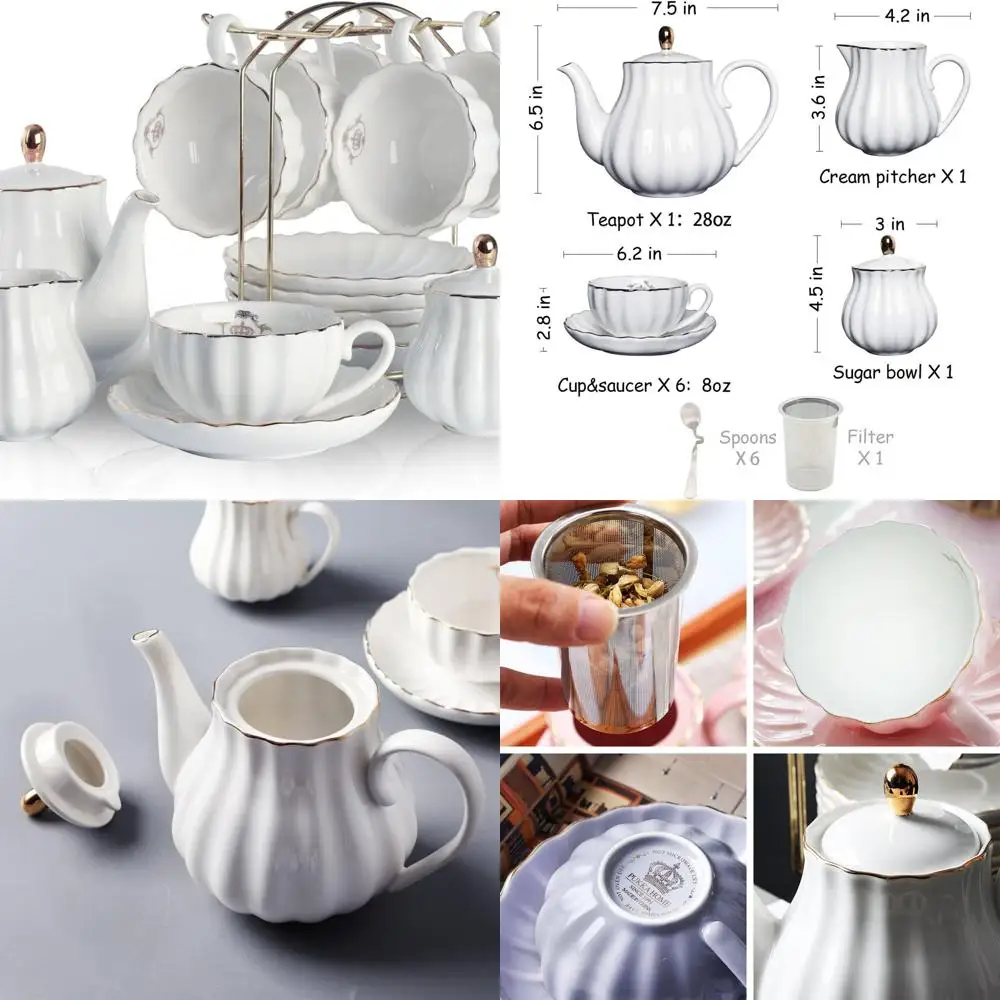 طقم شاي بورسلين ملكي بريطاني، أكواب وصحون 8 أونصة لـ 6 أونصة تتضمن إبريق شاي، سكر، كريمر، ملاعق صغيرة، مصفاة، بوكا هوم بيور