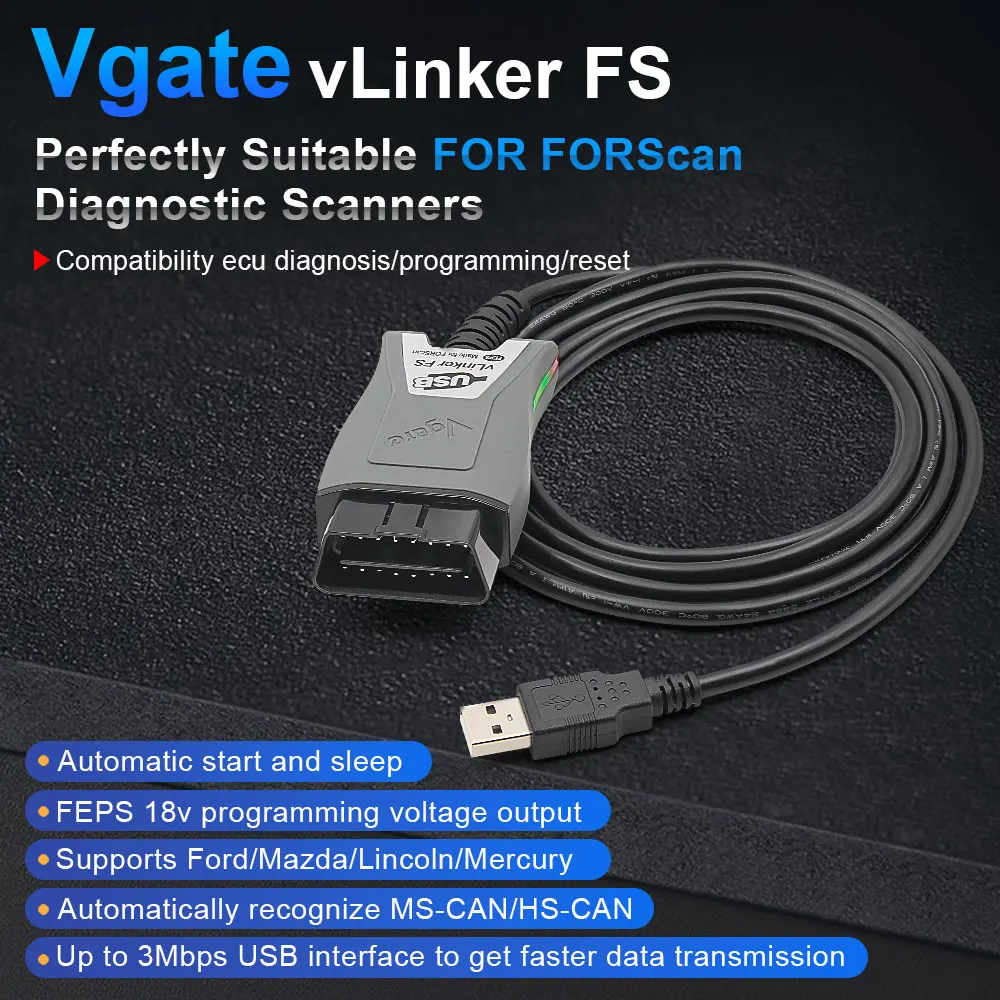 Vgate VLinker FS OBD2 USB Adapter – HS/MS-CAN Auto Switch, Für FORScan (Windows), FEPS 18V, 3 Mbit/s