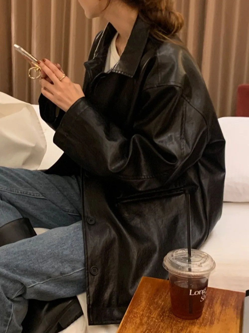 Chic Early Spring mat Sle Single Button Stand Collar Mid-Length PU Leather Jaet Women Loose Casual Leather Coat