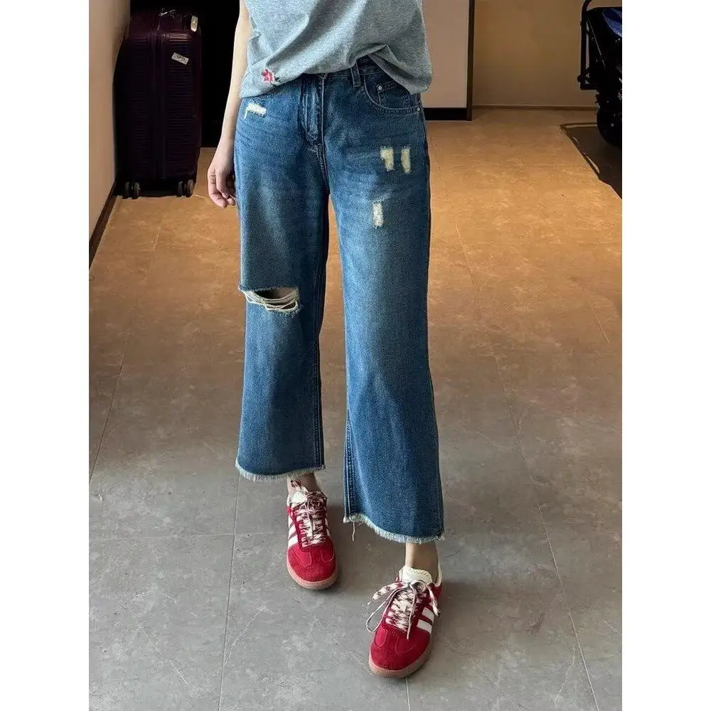 

Американские джинсы-стрейт из денима с рваными элементами, женские, весна-осень, большие размеры, для полных женщин, с высокой талией, облегающие, укороченные (9/10 длины)