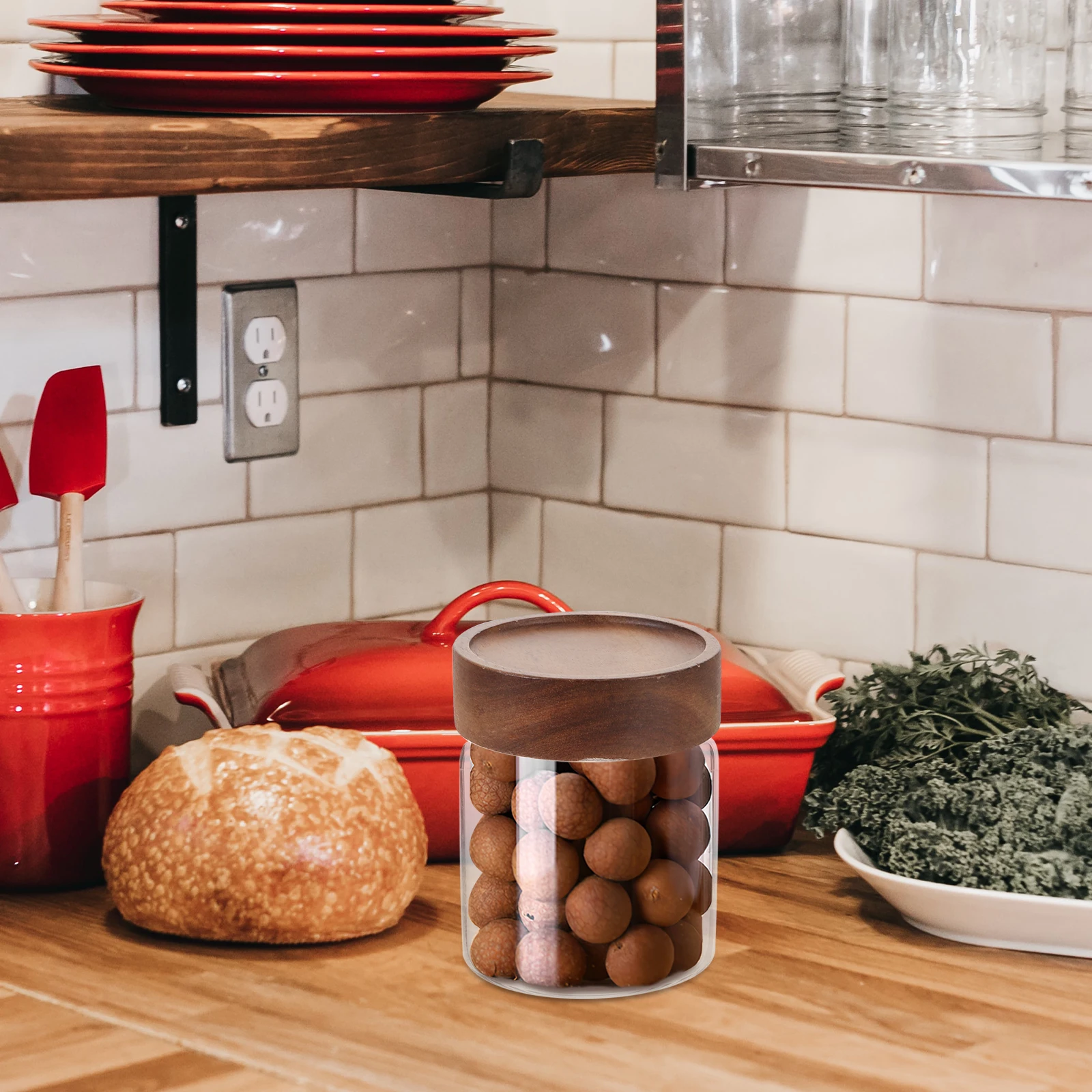 

Transparent 8Cm330Ml Glass Jar With Wooden Lid Airtight Storage Container For Coffee Beans Grains Cereals Kitchen Canisters