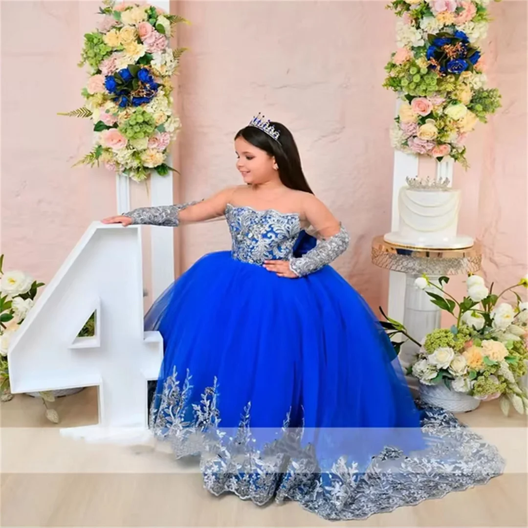 lower Girls Dress New Royal Blue 2025 Lace Appliques Beading Ball Gown Cute Birthday Party Communion Gown