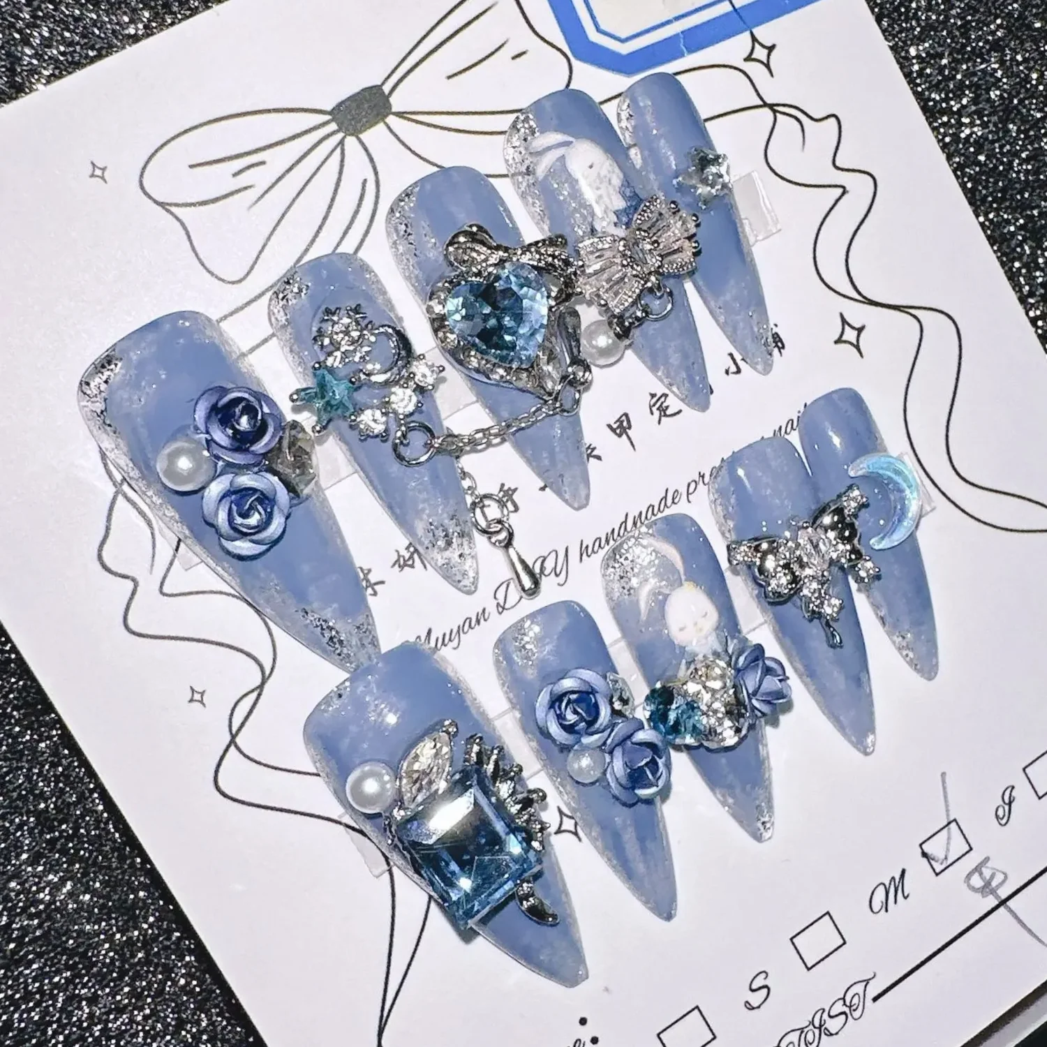 

Multi Size Fantasy Blue Press on Nails Handcrafted 3D Floral Pearl Crystal Gem Alloy Chain Design Easy Application Comfort Wear