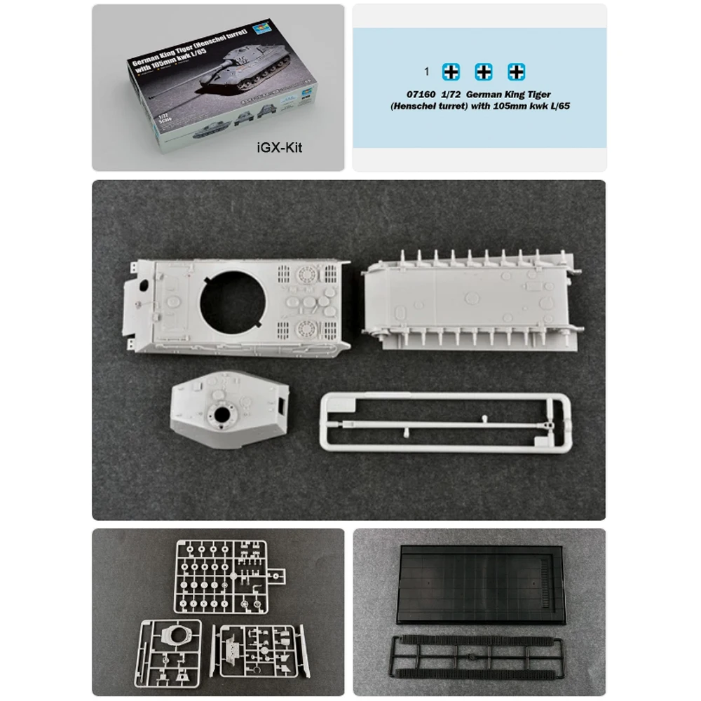 

Trumpeter 07160 1/72 Немецкий танк King Tiger (башня Henschel) с 105-мм пушкой KWH L/66, военный пластиковый сборный конструктор-модель
