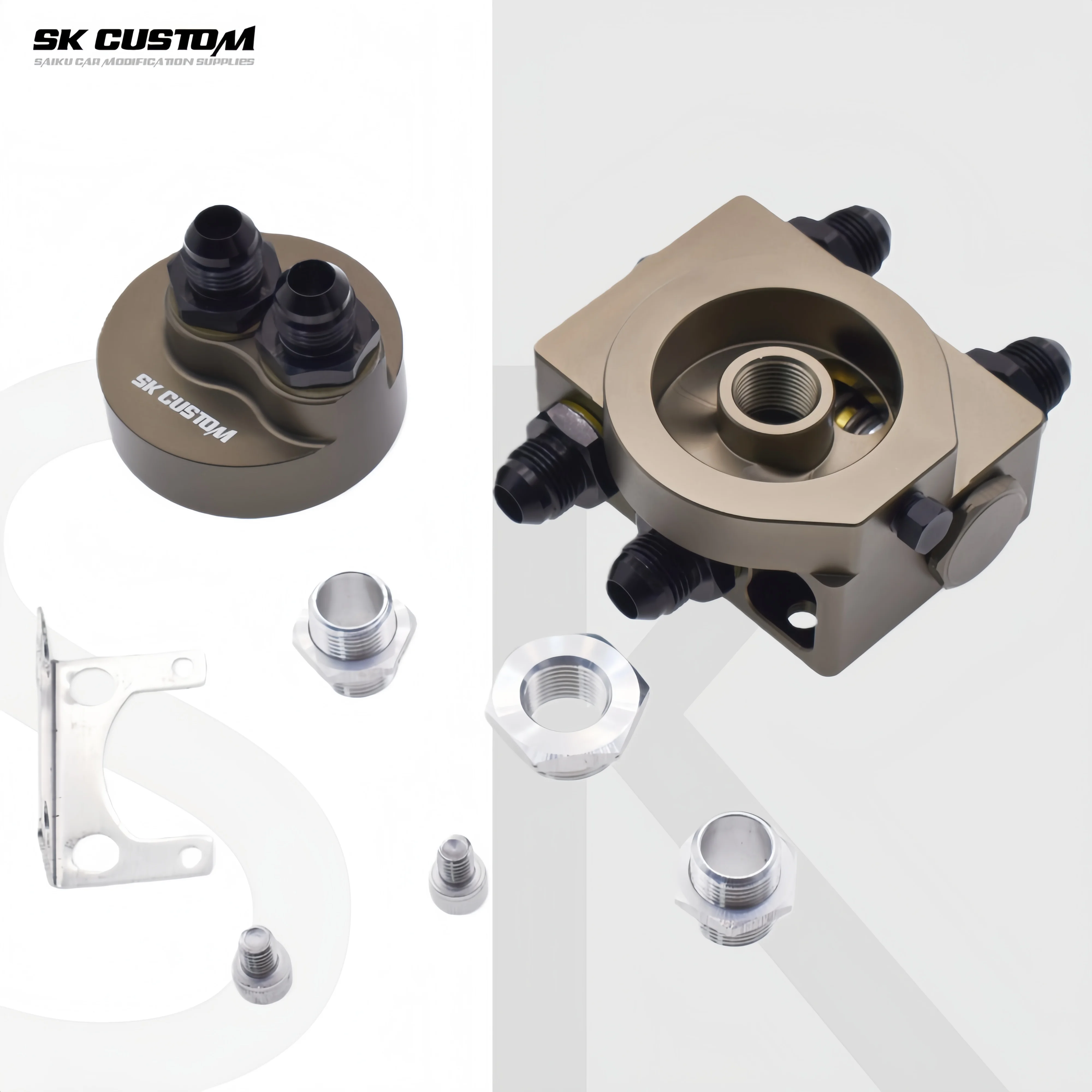 SK CUSTOM Engine Radiator Adapter Oil Cooler Filter Sandwich Plate Thermostat Adaptor Split Adapter AN8 AN10 Aluminum Alloy CNC