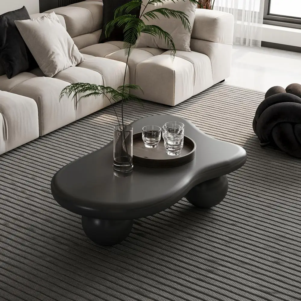 Mesa de centro em forma de nuvem preta 40 Polegada mesa de mdf moderna irregular com 3 pernas esféricas para sala de estar elegante durável