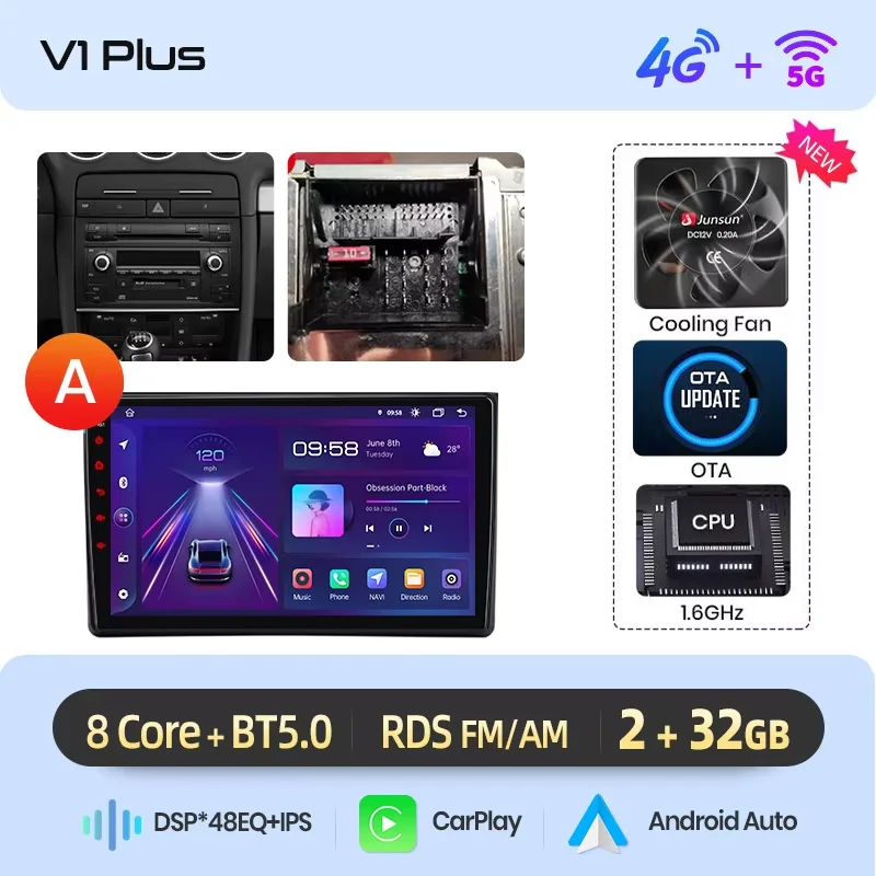 Junsun draadloze CarPlay Android Auto autoradio voor Audi A4 (B6) / SEAT Exeo (3R) 2000-2013 met ingebouwde koelventilator, Android GPS navigatie, multimediaspeler, WiFi, DSP, RDS, BT, SWC, IPS
