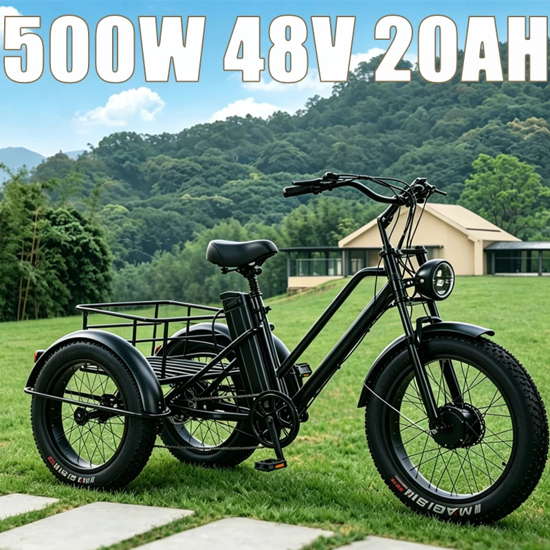 20*4 Inch Wide Fat Tire 3Wheel Electric Trike 500W48V20AH Removable Lithium Battery 50KM Range Adult Elderly City Commute E-Bike