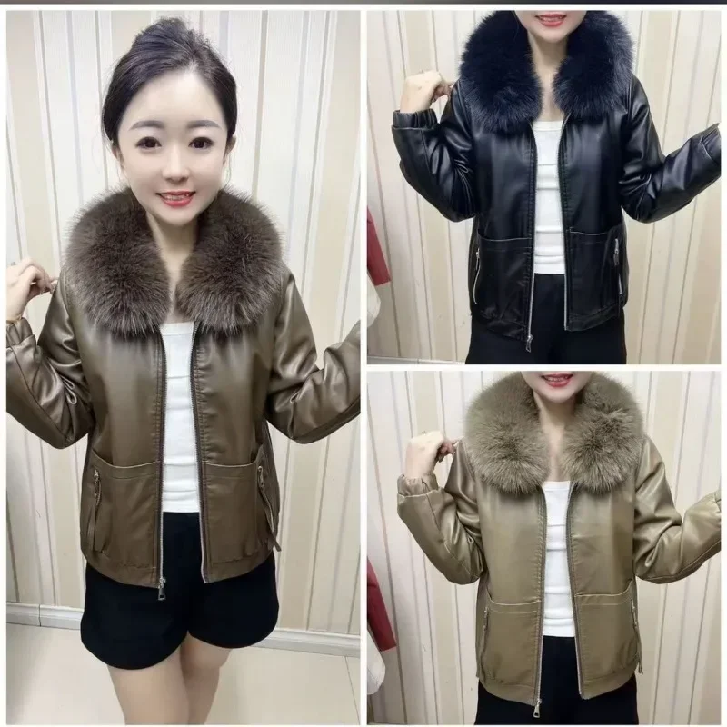 Detachable Large Fur Collar Plus Fleece Thick Leather Coat Women 2025 Autumn and Winter New Fashion All Match Warm Coat Women