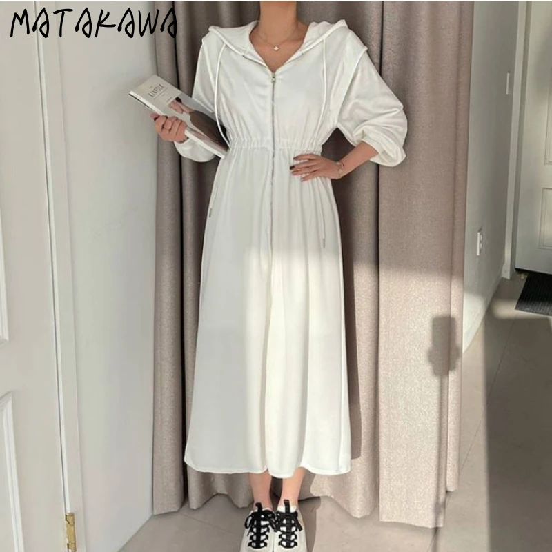 MATAKAWA Robe Korean Fashion Elegant Hooded Zipper Slim High Waist Cardigan Sweatshirt Dress Patchwork Vestidos Woman Clothes