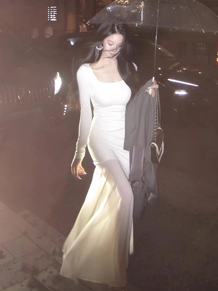 REDDACHiC vestido de sirena de malla de punto nuevo en mangas largas cuello cuadrado fruncido ceñido al cuerpo Maxi vestido largo elegante ropa de mujer de otoño