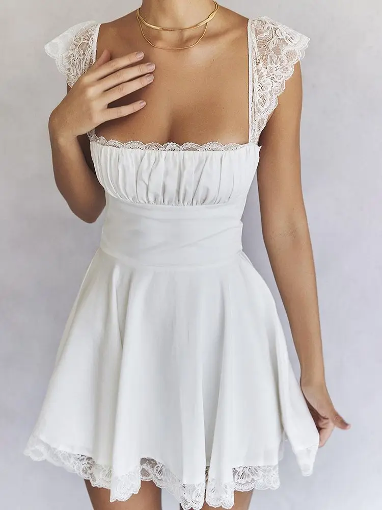 2023 Summer Elegant White Lace Strap Mini Dress For Women Fashion Sleeveless Backless Loose Sexy Short Dresses Pure Color