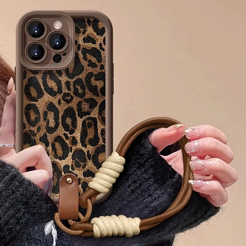 Brown Leopard Pattern Wrsit Strap Phone Case For iPhone 17 16 15 14 13 12 11 Pro Max 16E XS X XR 7 8 Plus Shockproof Soft Cover - náhled 5