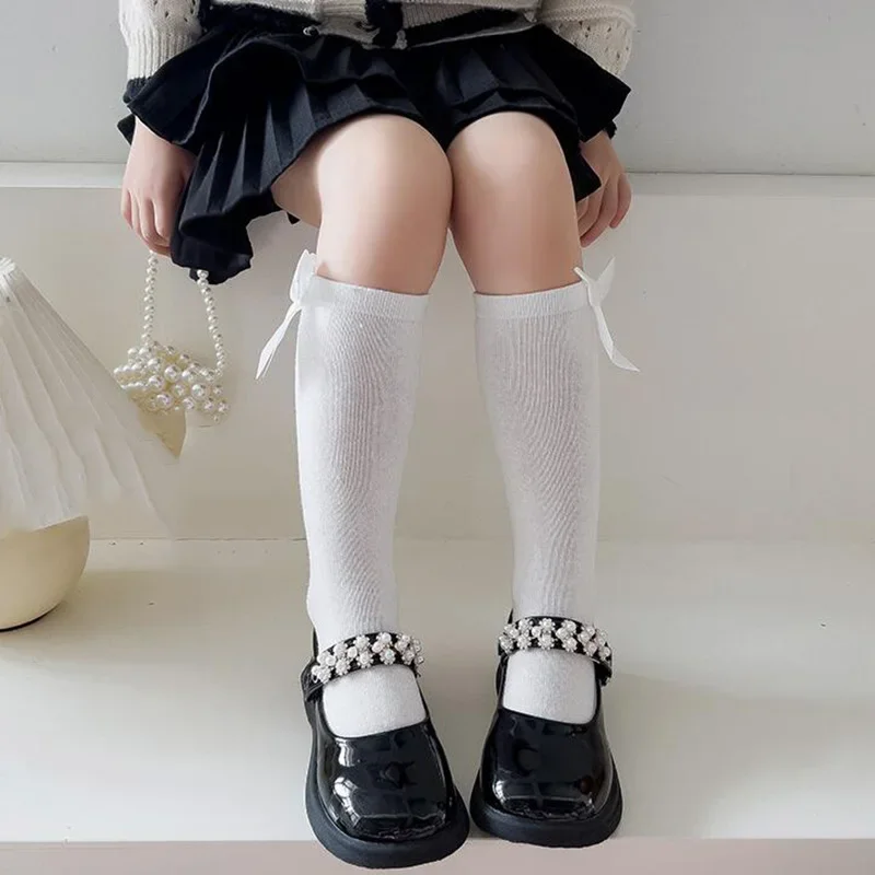 New Spring Summer Girls Knee High Socks Kids Bow Tie Long Socks Soft Cotton Breathable Children School Uniform JK Fashion Socken