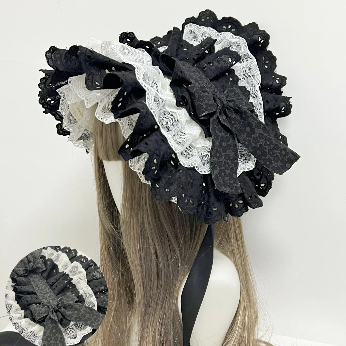 

New Original handmade Retro Gothic Lace Bow Hat Lolita Cosplay Dark Bonnet Dress Headpiece Gorgeous Flat Hat