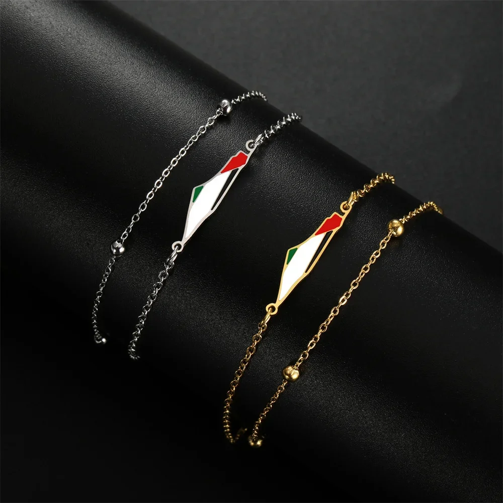 Jeshayuan Palestine Map Flag Charms Bracelets for Women Double Layer Country Map Pendant Stainless Steel Couple Bracelet