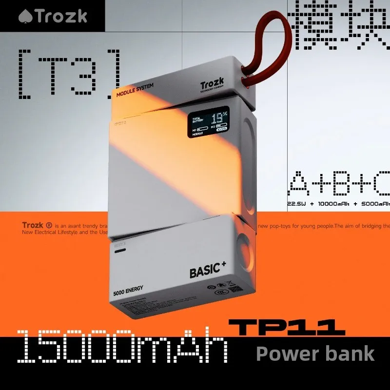 For TROZK T3 15000mAh Modular Power Bank 22.5W Fast Charging 3-in-1 with Built-in Cable Mini Portable