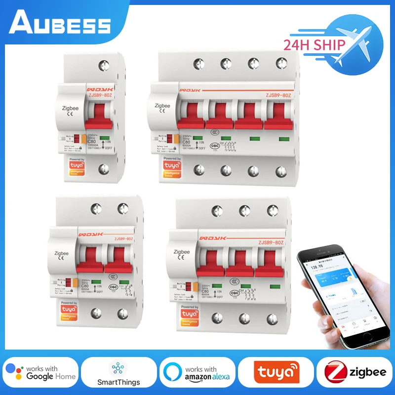 Aubess Zigbee 3.0 Smart Circuit Breaker ZJSB9 1P-4P Smart Voice Timer Switch Smart Home Remote Control Via Alexa Google Home