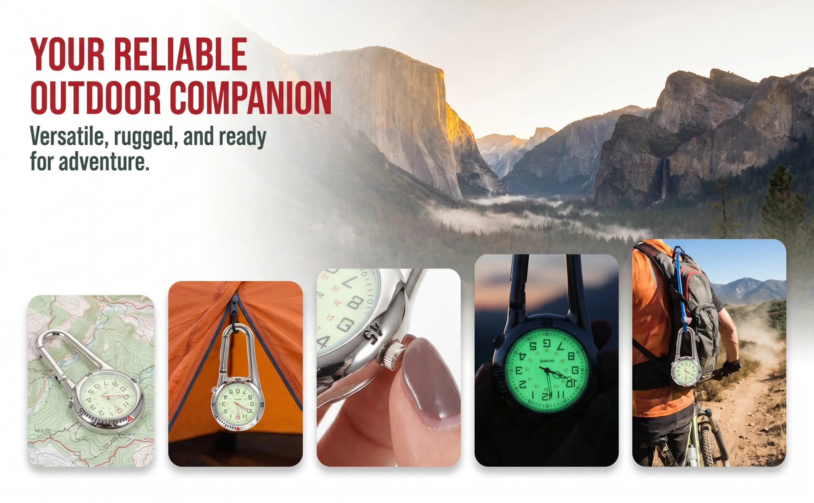 Clip-on Quartz Watch Black White Dial Fluorescent Dial Mountaineering Buckle Multifunctional Clip Watch for Belt Loop Backpack