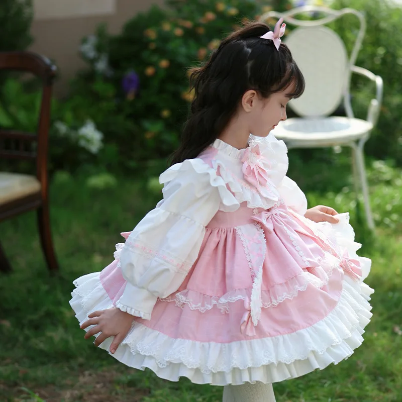 Winter Children Pink Lolita Dress Kawaii Cute Princess Dress Girl Performance Costumes Puffy Dress Long Sleeve Fashion Clothes