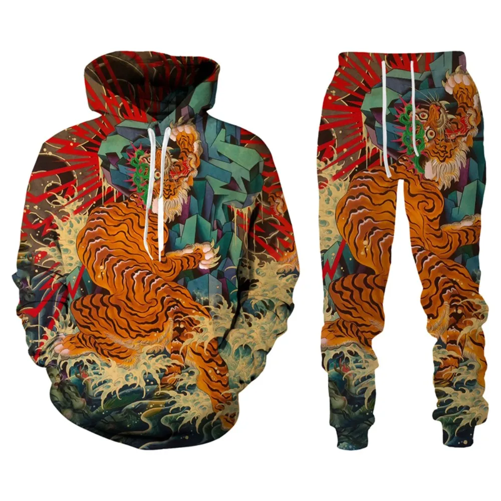 Vintag Tiger 3D Printed Men\'s Tracksuit Sets Hoodie And Pants 2pcs Sets Oversized Sweatshirt Fashion Men\'s Clothing