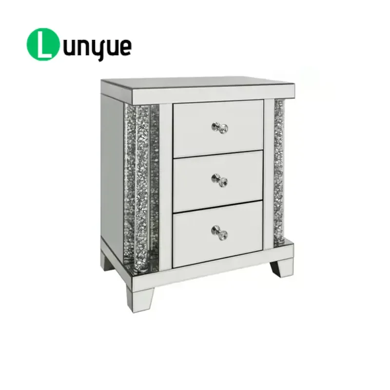 Modern Simple Wooden Bedside Table with Mirror Silver Side Cabinet Drawer Cupboard Bedroom Furniture Storage Nightstand Decor