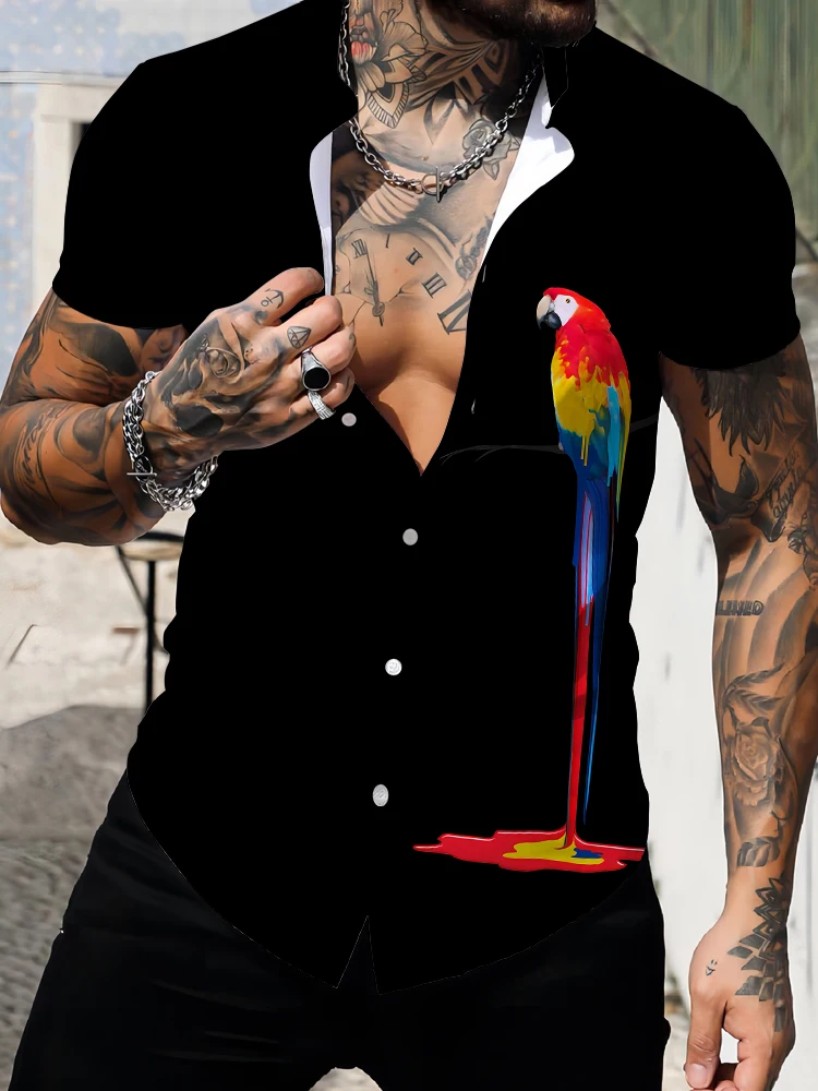 Summer Street Loose Casual Short -sleeved Shirt Fashion Men\'s Turn-down Collar Shirt Colorful Parrot 3D Digital Printing Shirt