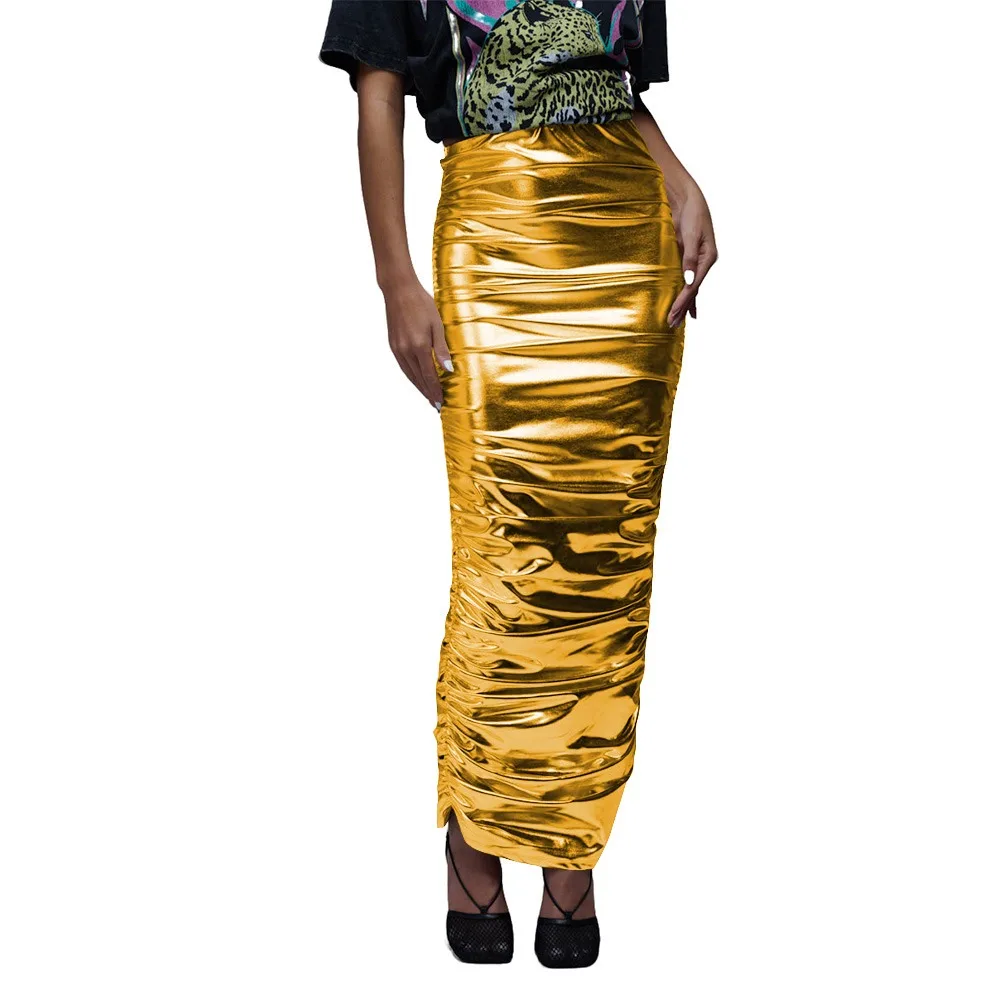 

Юбки-карандаш больших размеров с высокой талией, металлическим блеском и складками для женщин: модные, эластичные, однотонные, для вечеринок и клубов