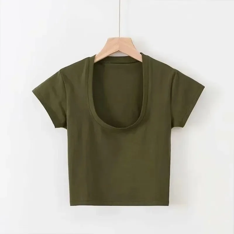 U-Neck Crop Top Solid Color Women Casual High Waist T Shirt Basic Sexy Streetwear Short Sleeve Slimming Tops