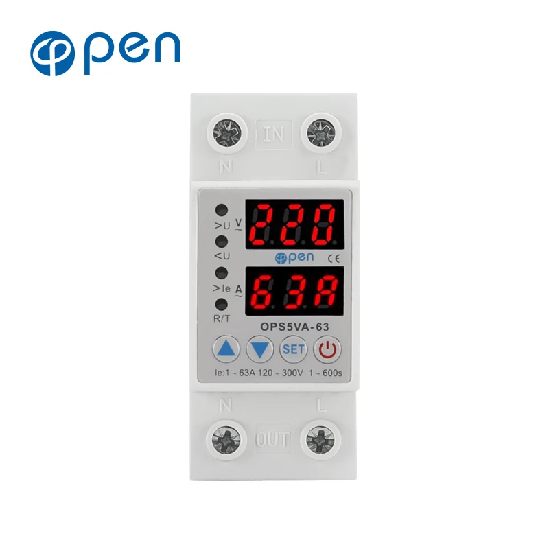 Din Rail Dual Display Adjustable Over Voltage Current and Under Voltage Protective Device Protector Relay 40A 63A  220V 230V