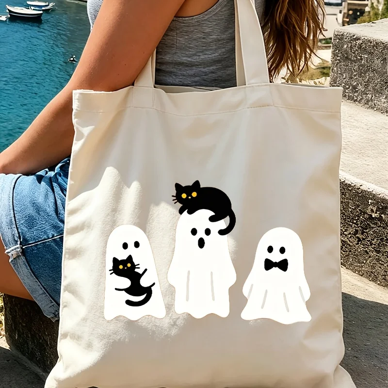 Cute Black Cat Ghosts Printed Canvas Tote Bag Funny Halloween Theme Satchel Aesthetic Female Casual Commute Pack