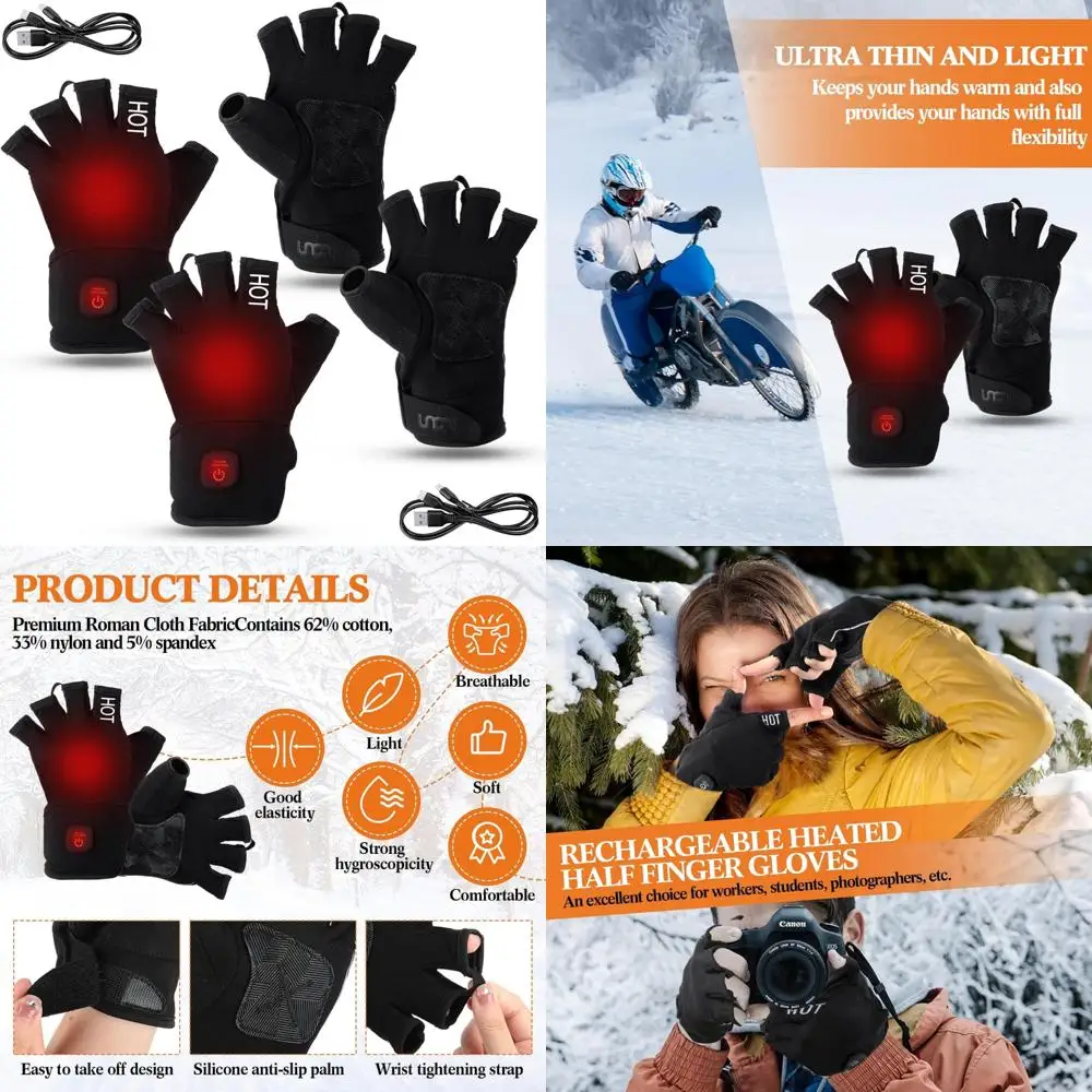 قفازات بدون أصابع تسخين كهربائي قابلة لإعادة الشحن - شحن USB، درجة حرارة قابلة للتعديل للرجال والنساء، مثالية للكتابة وال Da
