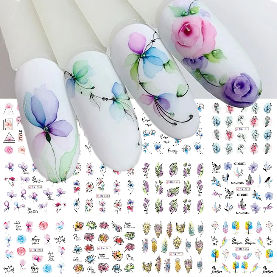 الزهور المائية يترك ملصقات الأظافر خط الهندسة الكتابة على الجدران رسمت الملونة المنزلق نقل المياه الشارات مانيكير الديكور