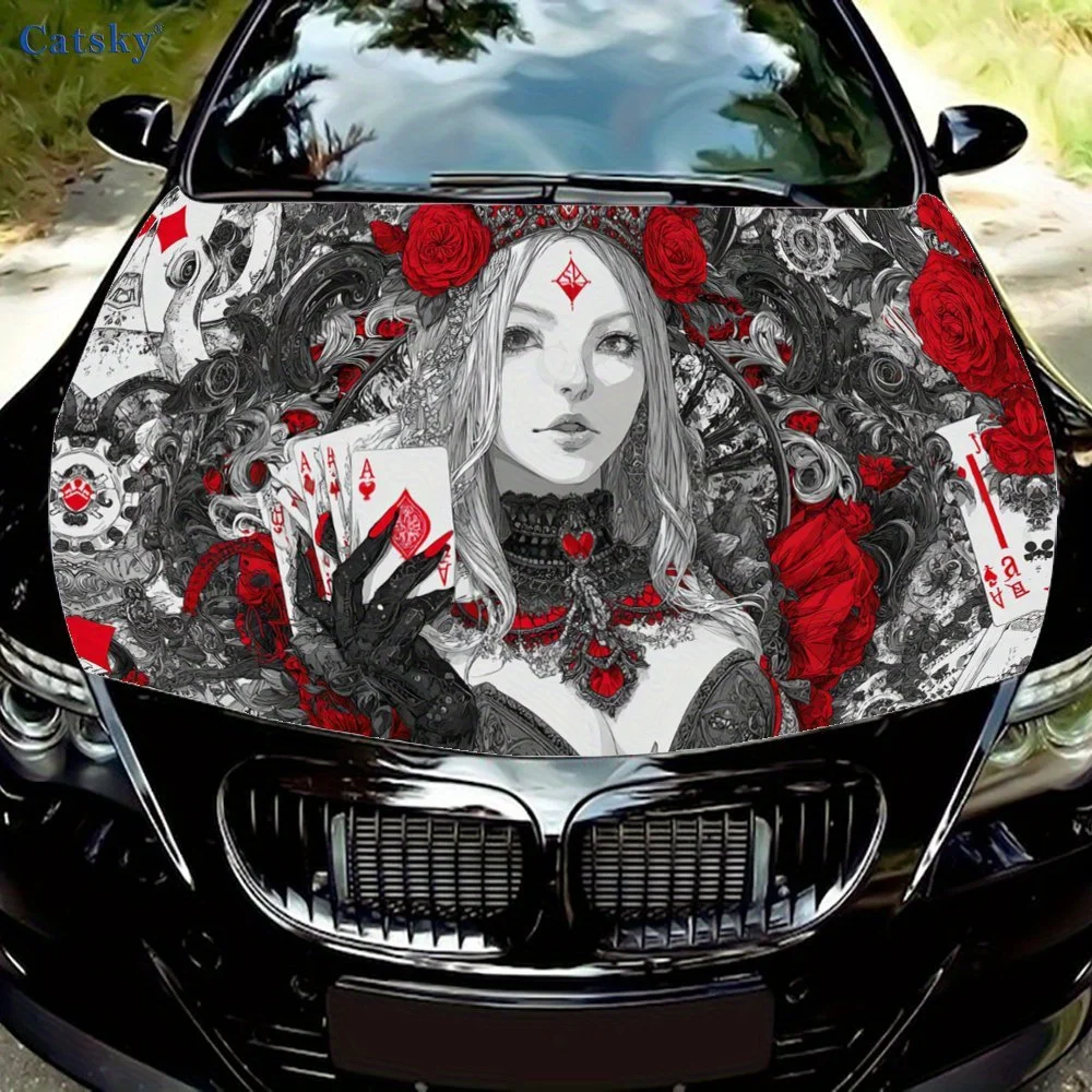 ポーカー-ローズシャドウカービニールラップ、pvc防水カーフードステッカー、エンジンカバー用自己粘着性傷防止ステッカー、