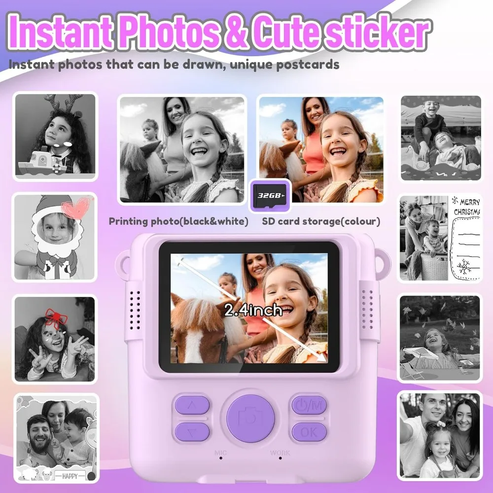 Portable Instant Print Camera for Kids with 1080P Video - Perfect Christmas & Birthday Gifts for Girls and Boys - Purple - Image 3