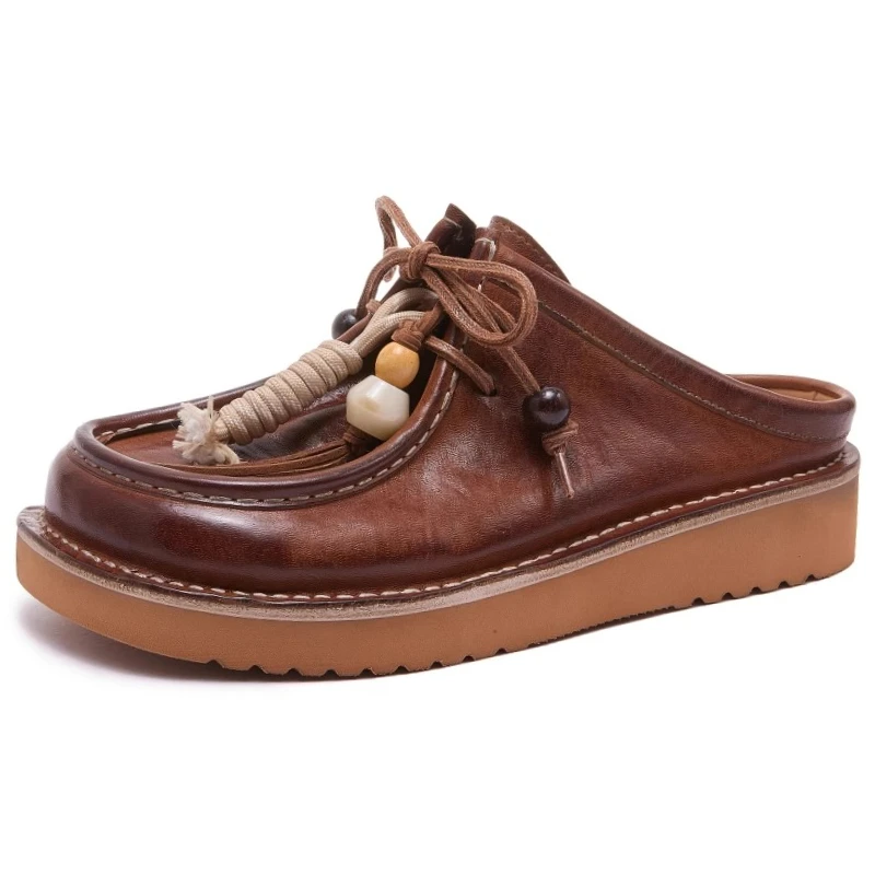 

Horse Leather Tooling Shoes for Men's Breathable Retro Kangaroo Shoes Japanese Loafers Square Head Thick Platform Casual Shoes