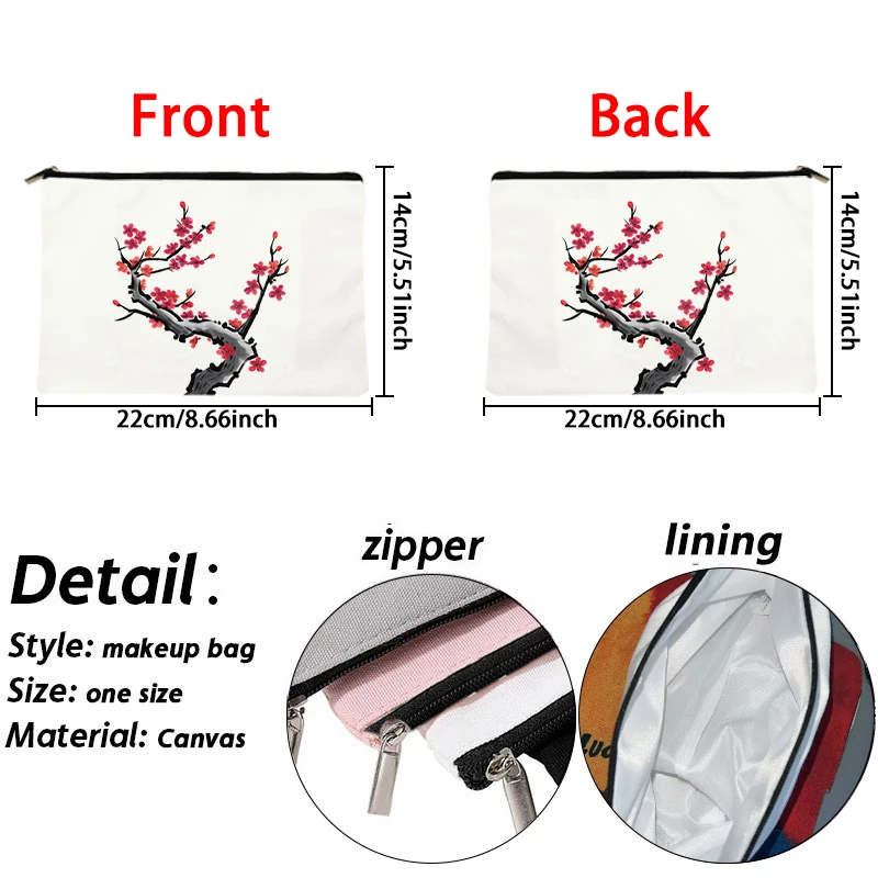 Chinese Ink Plant Makeup Bag Personalized Custom Name Cherry Blossom Bamboo Botanic Cosmetic Pouch Lining for Women Travel Gifts