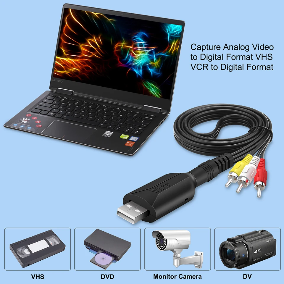 USB Video Capture Card VHS to Digital RCA to USB 2.0 Audio Capture Device Adapter Converter Easy to Cap VCR DVR TV for Win7/8/10