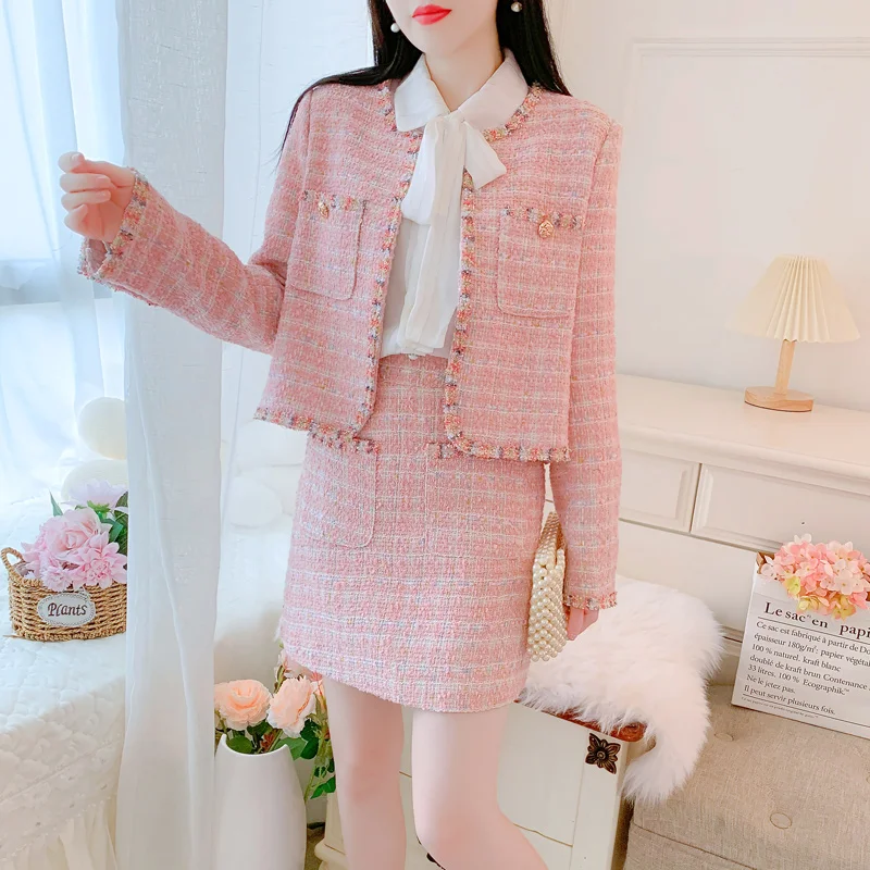 

Women Tweed Japanese Y2K Pink Suit Jacke Coat Top And Skirt Two Piece Set Matching Outfit 2023 Winter Jacquard Party Clothing