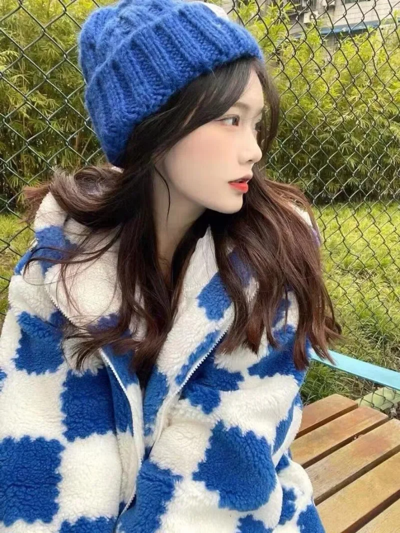 Blue Checkerboard Plaid Sweatshirts Women Fleece Loose Casual Hoodies Cute Girls All Match Autumn Winter Outwear Student Coats