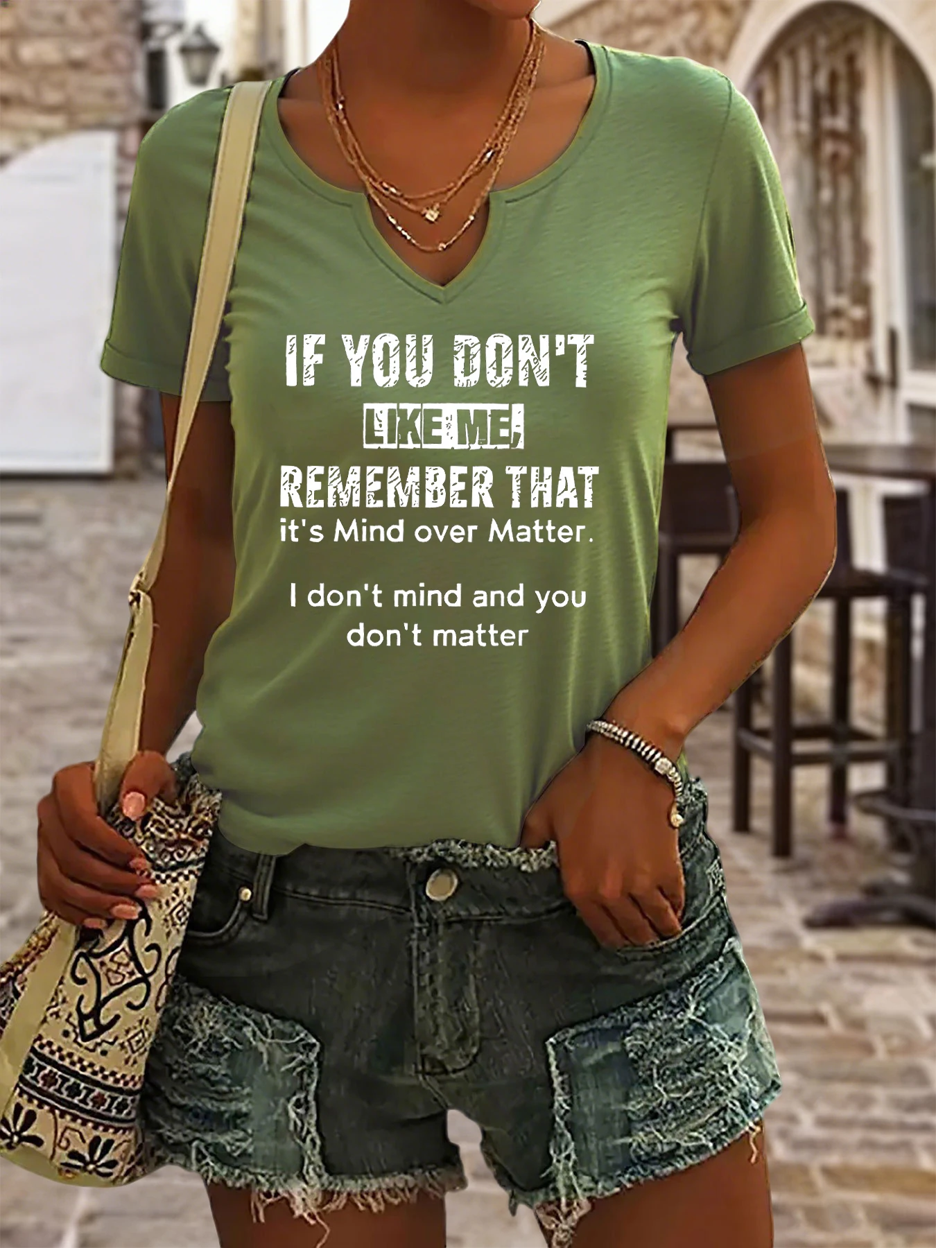 Damen Sommer-T-Shirt mit V-Ausschnitt und kurzen Ärmeln, frecher Aufdruck mit dem Zitat „If You Don't Like Me“, Lässiges Mode-Oberteil mit Haltungsaussage – Detail 6