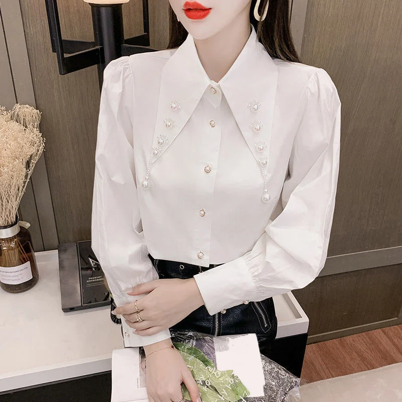 Autumn Fashion Women French Vintage Elegant White Button Shirts Beading Chic Long Sleeve Loose Office Ladies Blouse Tops Blusas