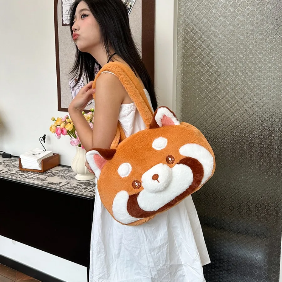 Red Panda Plush Bag Lovely Backpack Large Capacity Animal Shoulder Bag Cute Stuffed Doll Soft Red Panda Handbag for Travel