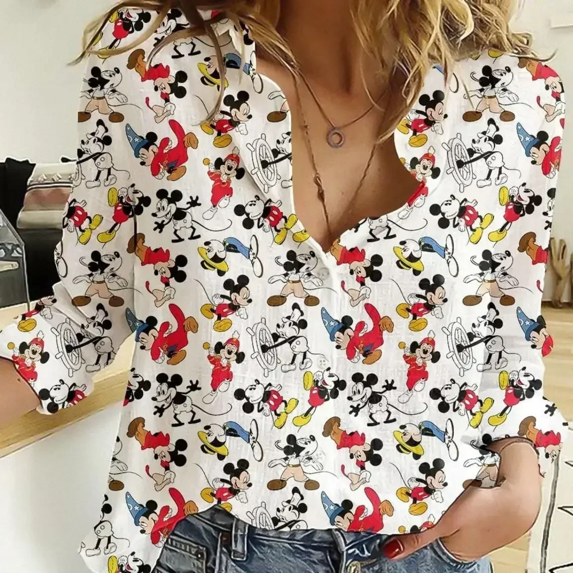 2024 Disney Women\'s Shirts Casual T-Shirts Mickey Mouse Hawaiian Shirts  Fashion Long Sleeve Shirts Disney Sunscreen Shirts