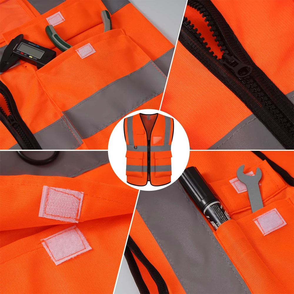 Hi Viz Rompi Safety Oranye dengan Kantong dan Ritsleting Seragam Pakaian Safety Rompi Neon Pekerjaan Konstruksi ANSI Kelas 2