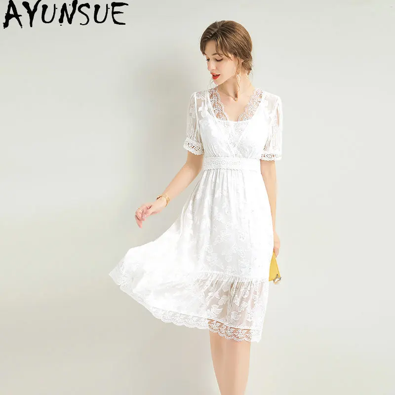 

AYUNSUE 100% Mulberry Silk Dress for Women Elegant Women's Dresses Midi Dress Summer Clothes White Dress Vestidos De Mujer 2024