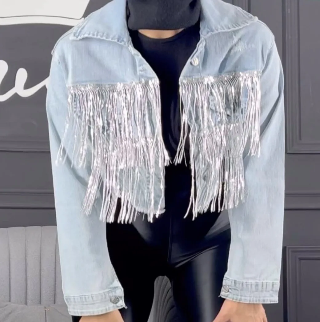 

Denim Coats Women Short Coat Tassel Turn Down Collar Full Sleeve Y2k Streetwear Jackets Work Slim Splice Jacket 2025 Autumn