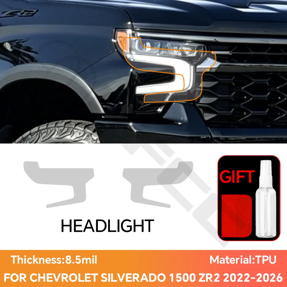 For Chevrolet Silverado 1500 ZR2 2022-2026 TPU Clear Headlight Rearview Film PreCut DIY 8.5Mil Paint Protection Film PPF
