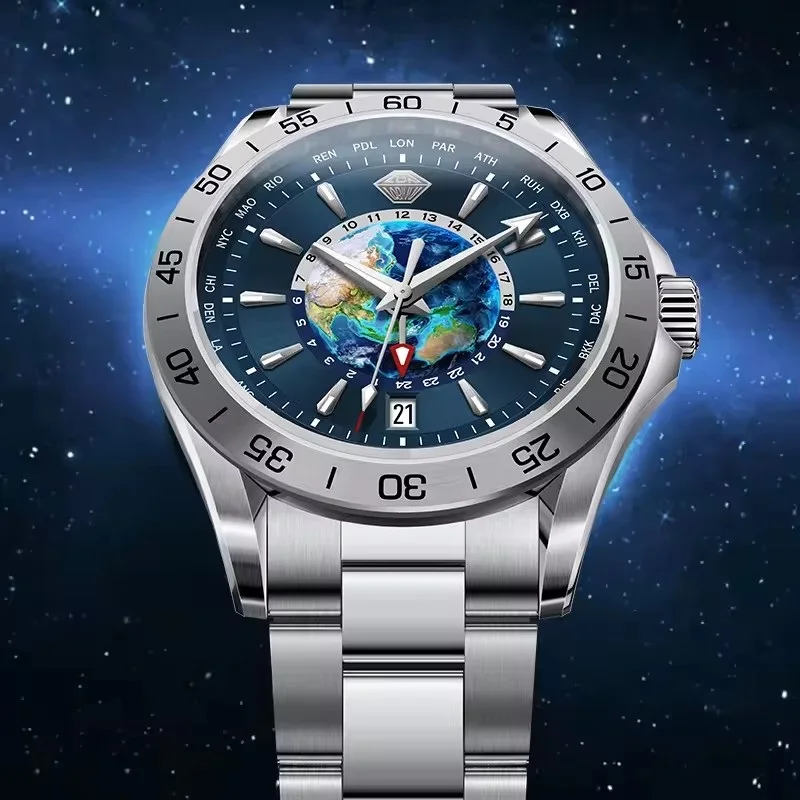 LOBINNI Men Automatic Watch 40mm GMT Mechanical Wristwatch Luminous 5Bar Waterproof Sapphire Mirror NH34 Earth Dial