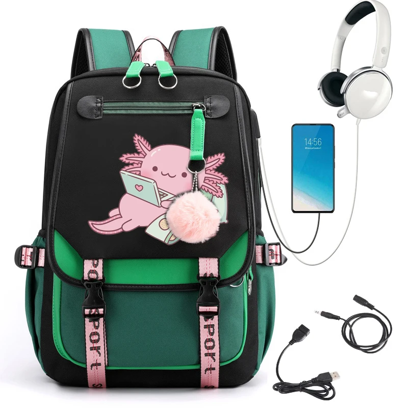 Cute Chilling Axolotl Mochila para Adolescentes, Nylon Bookbag, Mochila Feminina, Bolsa de Ombro, Mochila Escolar, Preto, Moda